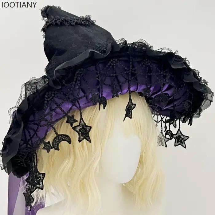 IOOTIANY Harajuku Halloween chapeau de sorcière pour femmes gothique à la main papillon perle gland dentelle Rose