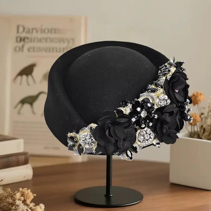 Élégant Vintage doux pilulier chapeau fleurs strass décor thé fête Fedoras