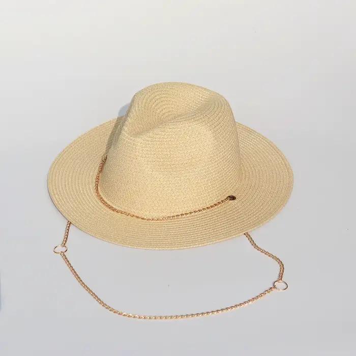 Chapeau de paille à chaîne en métal – Pare-soleil tressé en papier pour femme