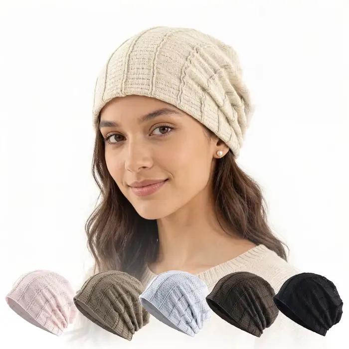 Bonnet décontracté en tricot à rayures en dentelle pour femme