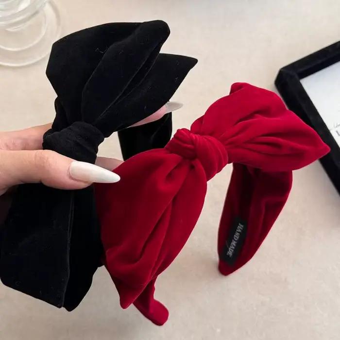 Bandeau à nœud large en velours rouge et noir pour filles et femmes