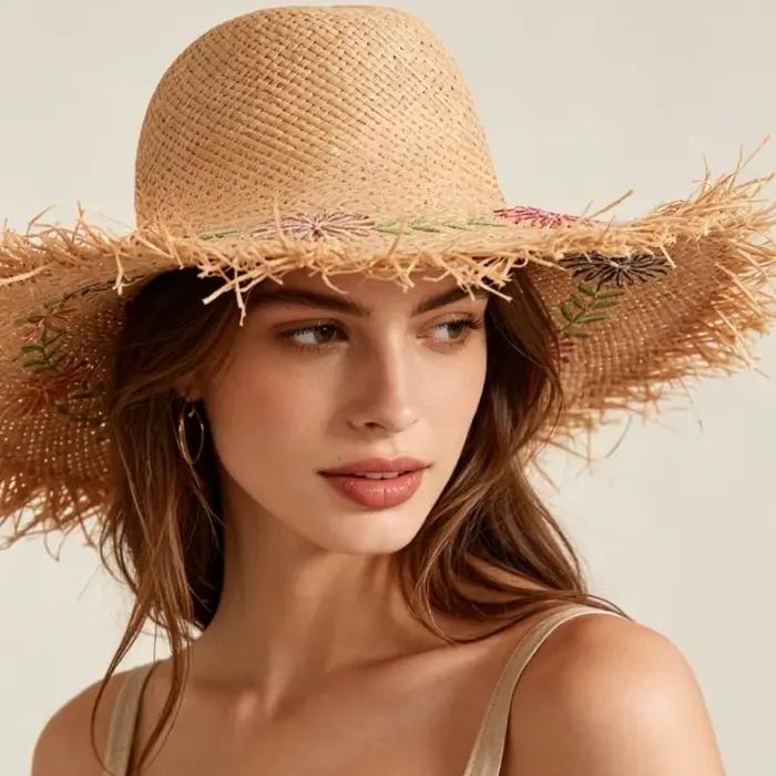 Chapeaux de Plage en Paille de Raphia Style Européen Décoré de Fleur Protection Solaire Occasions Vacances Activités Plein Air