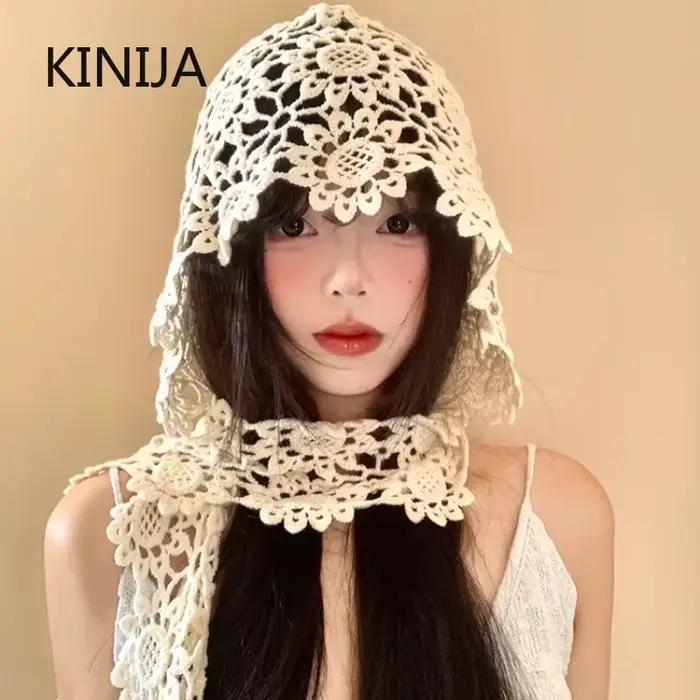 Japonais dentelle évider tricoté chapeau femmes ethnique Sle voyage photoaphy visage minceur aérien casquette foulard