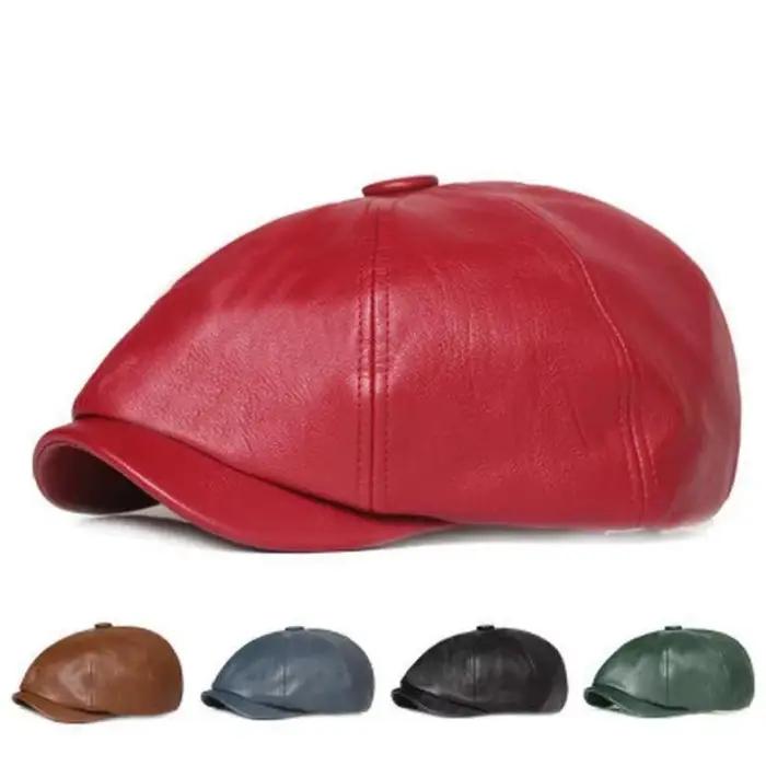 1 PC Retro Octagonal Chapeau en Cuir Autumn Men's Beret Elegant Fashion Cap Caps Pour Hommes Femmes