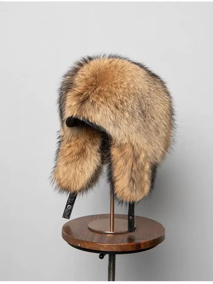 100% véritable fourrure de renard chapeaux femmes hommes russe Ushanka aviateur trappeur chaud hiver neige ski chapeau avec oreillette pleine peau moelleux B