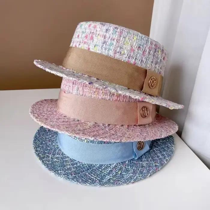 Europe et amérique xiao xiang style perle haut plat couleur jacquard chapeau rose tweed haut-de-forme femmes automne et hiver chapeaux de mode