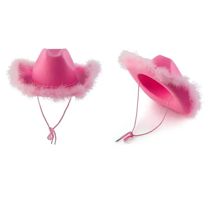 Chapeau de Cowboy rose à bord de plumes