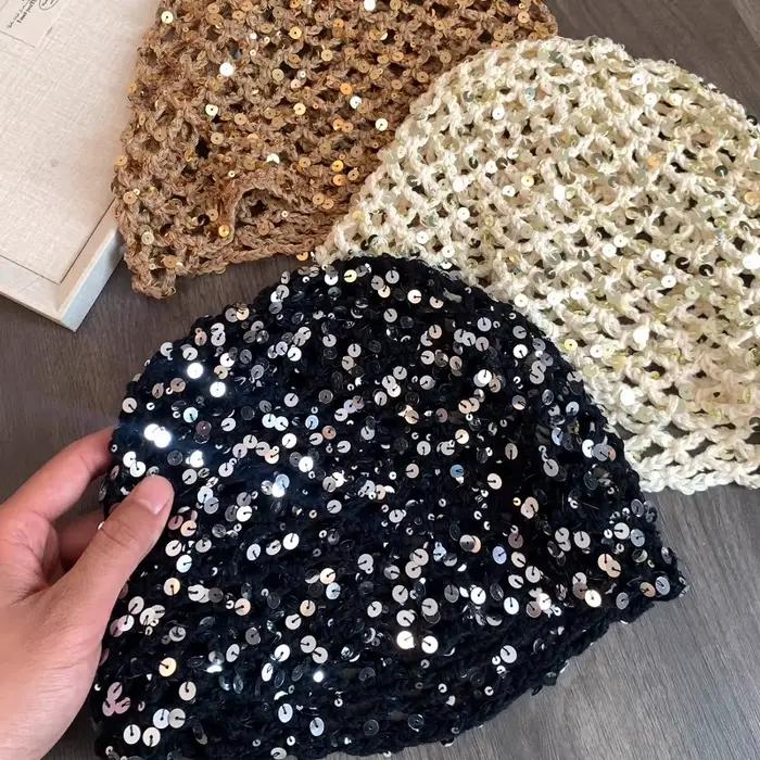 Chapeaux de pull creux tissés à paillettes personnalisés pour femmes