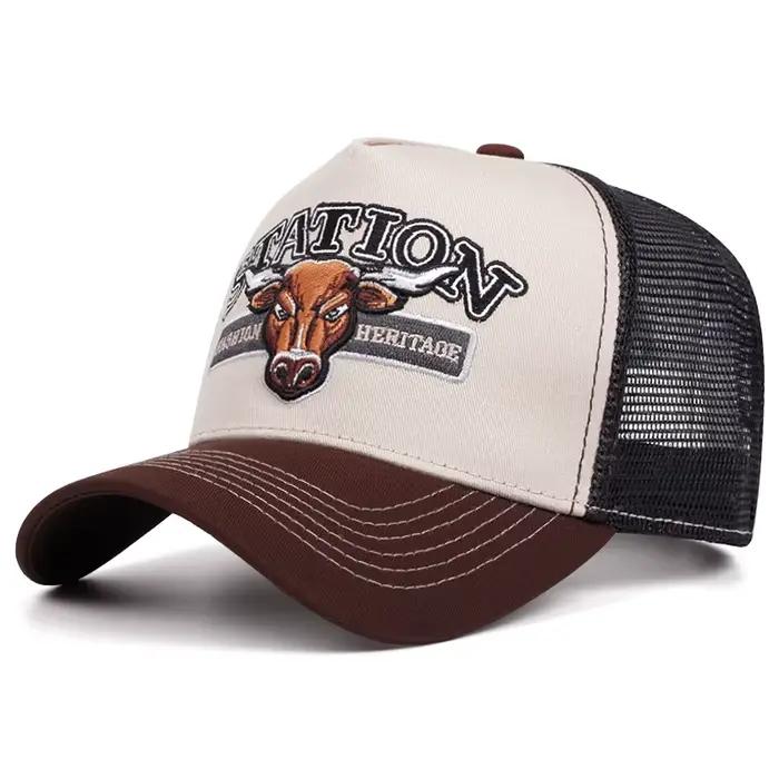2025 New American Vintage Bull Head Trucker Hat Sun Protection Mesh Breathable Trendy Snapback Cap Hot Selling