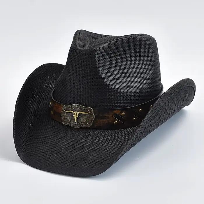 Chapeau de paille épaissi pour hommes bord bouclé Vintage Western Cowboy