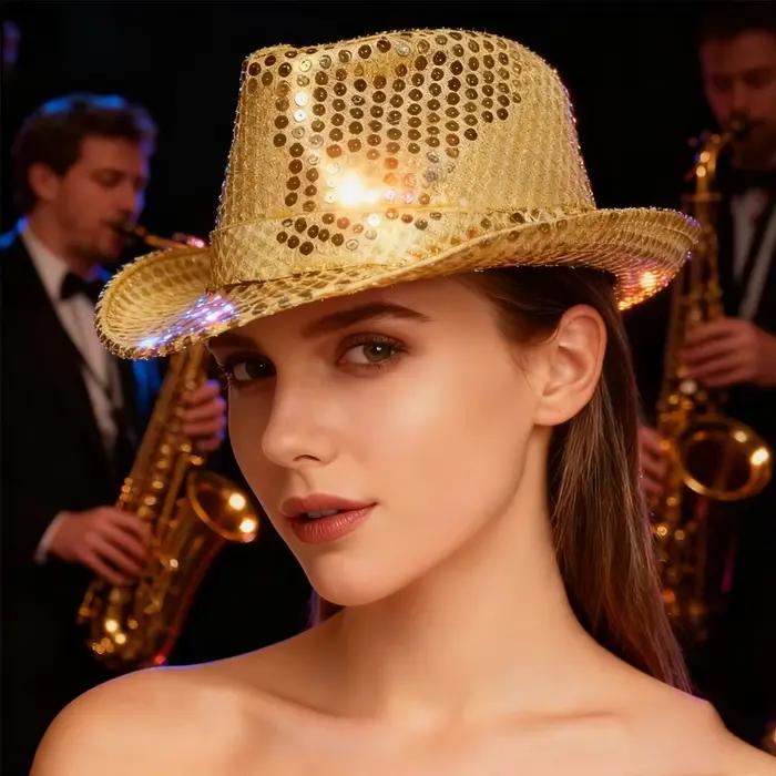 PESENAR – chapeau Fedora à paillettes dorées pour Costume Disco des années 70