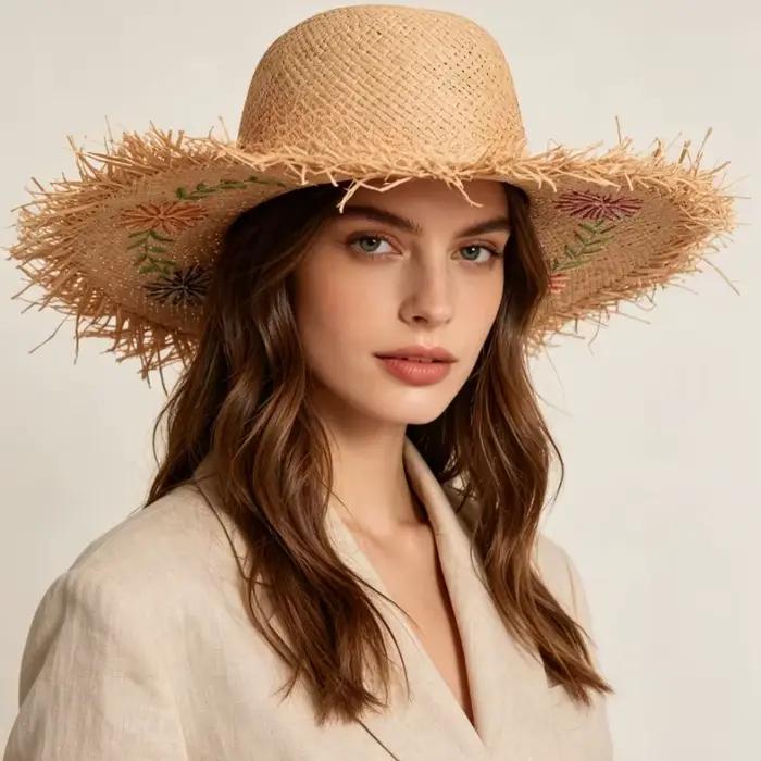 Chapeaux de Plage en Paille de Raphia Style Européen Décoré de Fleur Protection Solaire Occasions Vacances Activités Plein Air