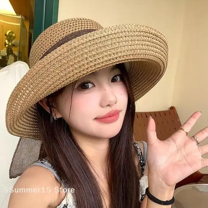 【R】Chapeau vintage pour femme avec nœud papillon, chapeau de soleil d'été pliable à large bord, casquette en paille décontractée pour les voyages en plein air, la plage, protection UV