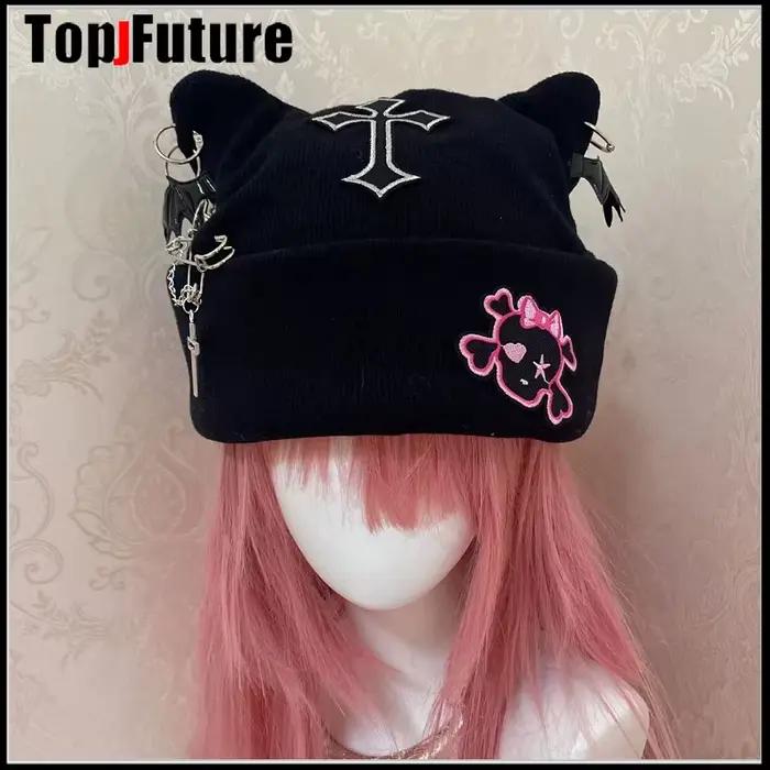 Harajuku gothique Lolita chat oreille chapeau femmes Punk croix chaîne sous-culture épice fille bonnet