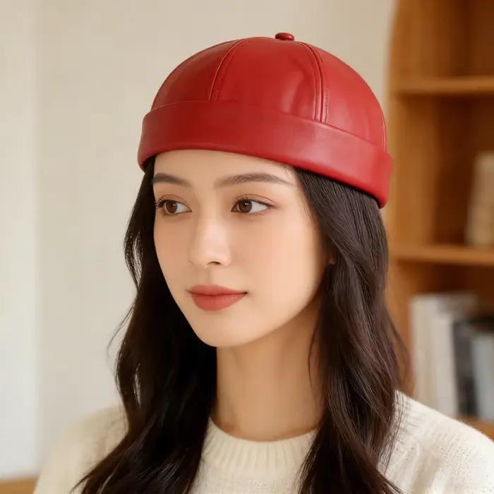 Nouveau cuir sans bords rond propriétaire chapeau couleur unie réglable peau de Melon