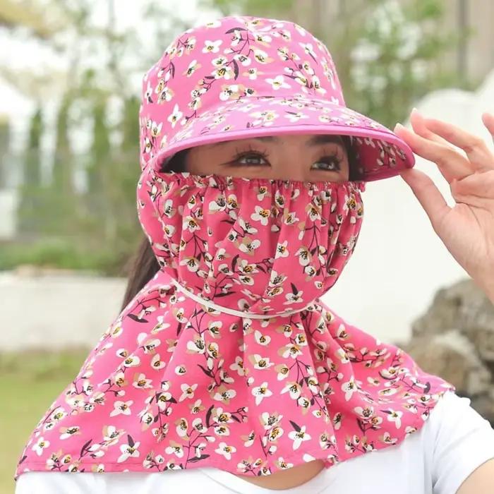 Chapeau de soleil floral pour femme avec masque de protection solaire intégré