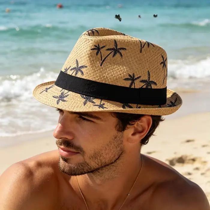 Chapeau de jazz en paille à imprimé cocotier pour homme