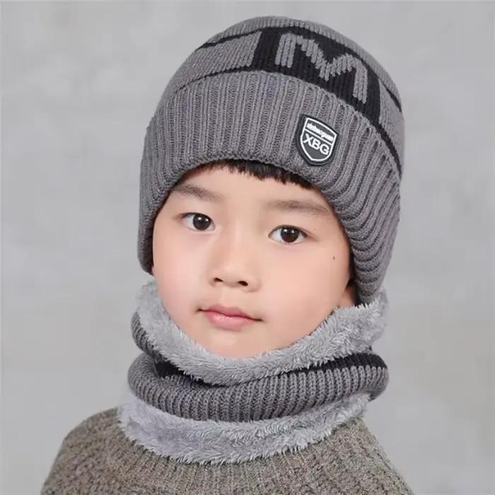 Enfant hiver tricoté chapeau écharpe garçon filles extérieur chaud en peluche bonnets
