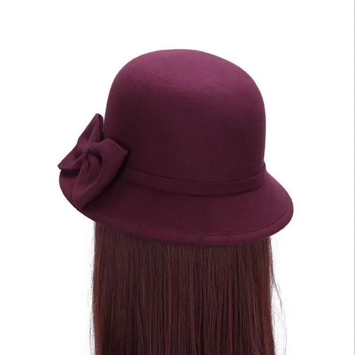 Chapeau Fedora en laine vintage avec nœud pour femme