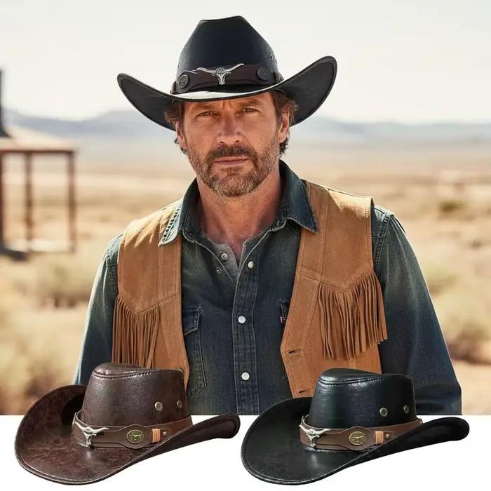 Chapeau de cowboy occidental vintage rétro à large bord avec boucle tête de taureau
