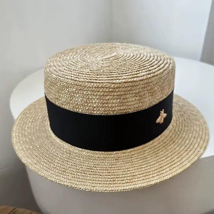 Chapeau de paille Bee, chapeau d'été à calotte plate