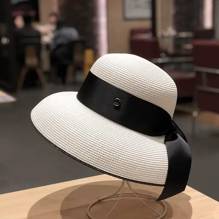 Chapeau de paille français rétro avec nœud pour femme