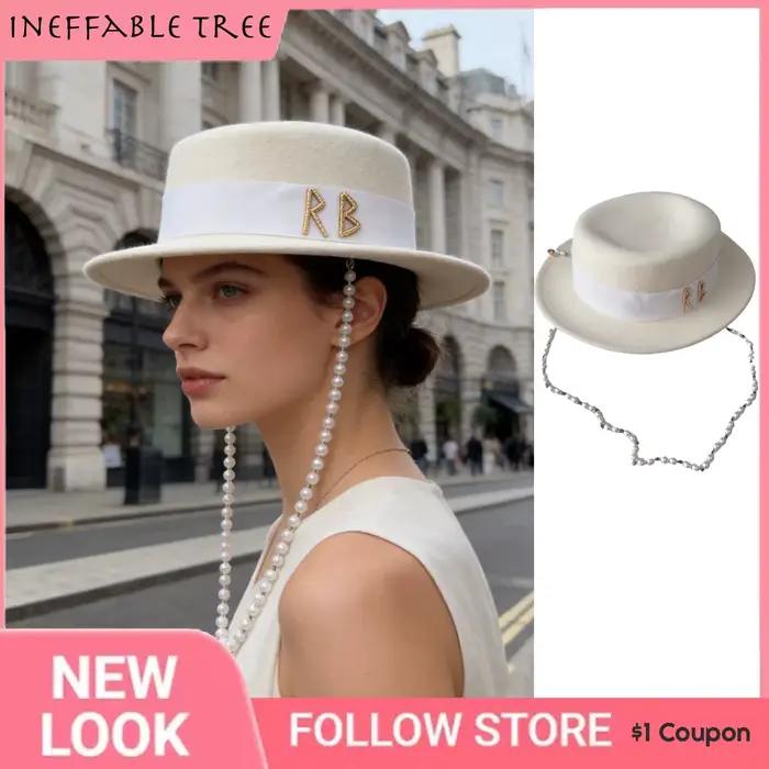 Chapeau Fedora de Luxe Rétro Brodé Lettres Perles Dorées pour Femme Automne Hiver