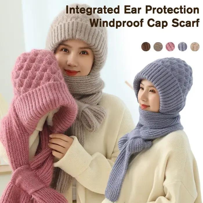 Ensemble d'écharpe de chapeau intégré tricoté d'hiver