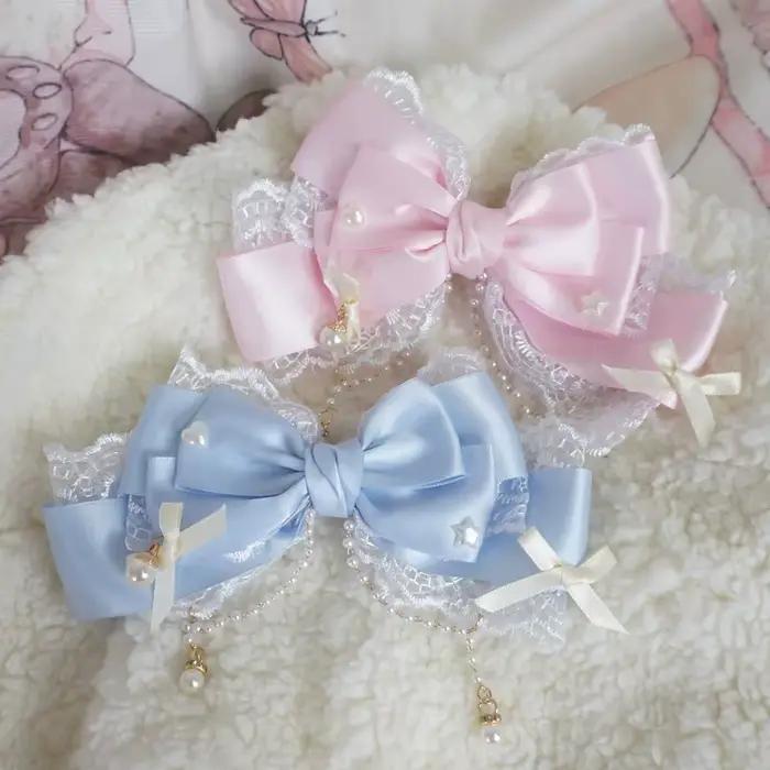 Couvre-chef Lolita grand nœud en dentelle rose perle KC
