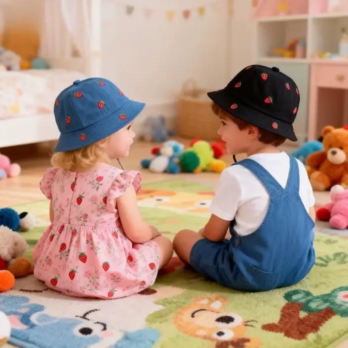 Chapeau de pêcheur pour fille avec broderie fraise 48-50cm