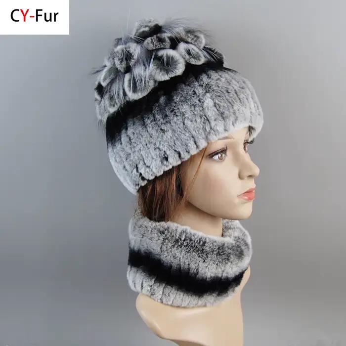 Ensemble Chapeau et Écharpe en Vraie Fourrure de Lapin Rex pour Femme