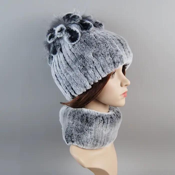 Ensemble Chapeau et Écharpe en Vraie Fourrure de Lapin Rex pour Femme
