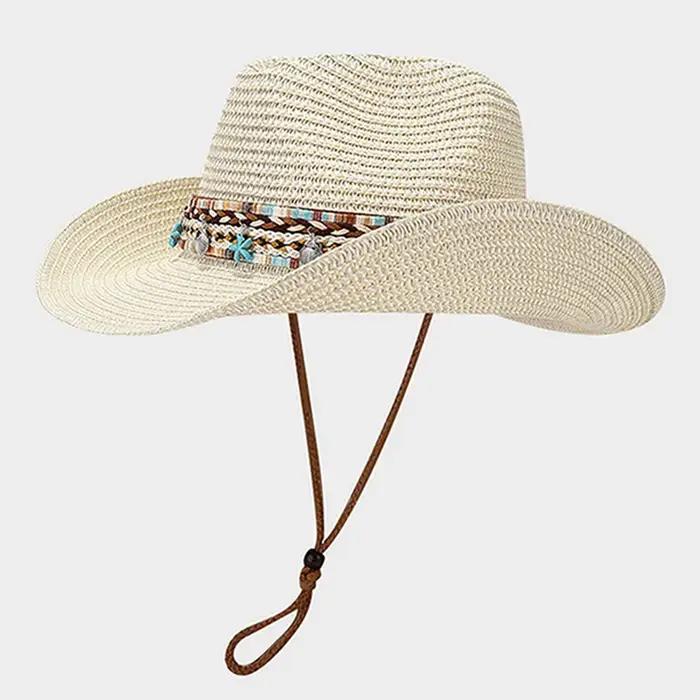 Bohemian Straw Sun Hat Women Summer Breathable Foldable Sun Protection Western Cowgirls Hat Ethnic Style Holiday Beach Caps