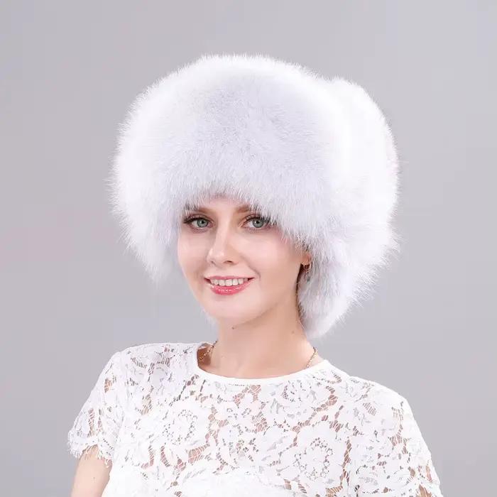Chapeau de fourrure de renard véritable russe ushanka trapper bonnet avec haut en cuir pour femmes hiver automne occassions spéciales