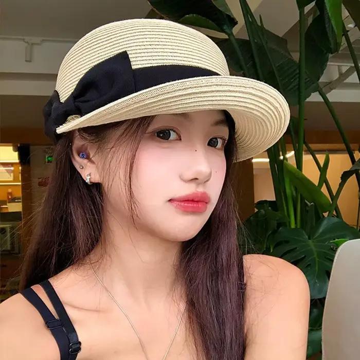 Chapeau d'été élégant en paille tressée avec nœud français style décontracté pour femme occasions spéciales été festival plage mariage