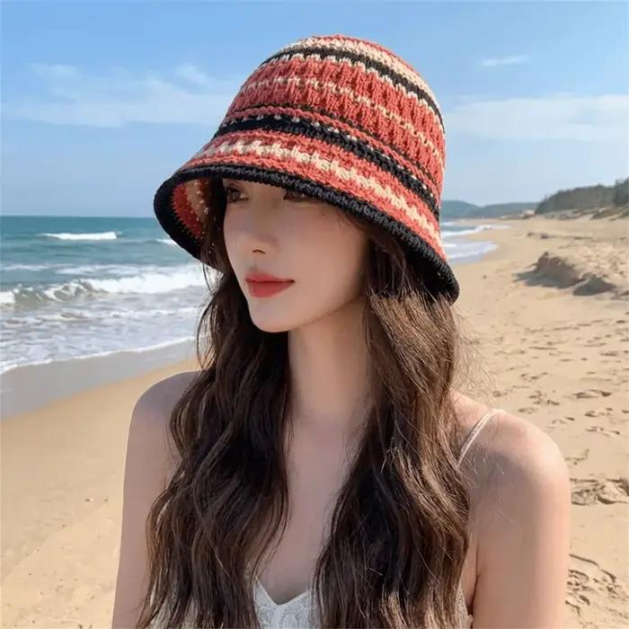 Chapeau Bob Tricoté Coloré Décontracté Style Coréen Respirant Anti-UV pour l'Été