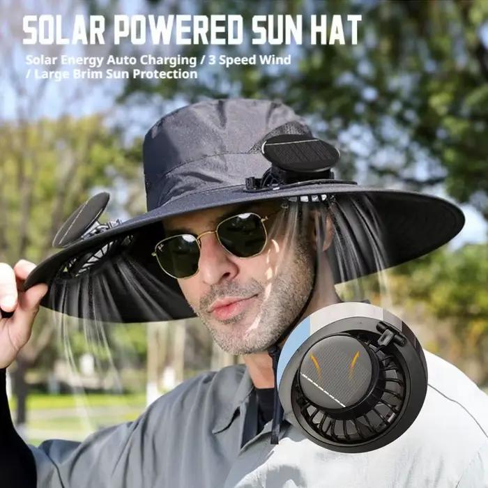Chapeau Bob à Large Bord avec 2 Ventilateurs Solaires, Casquette d'Été pour Hommes, Idéal pour le Camping, la Pêche et la Randonnée en Extérieur