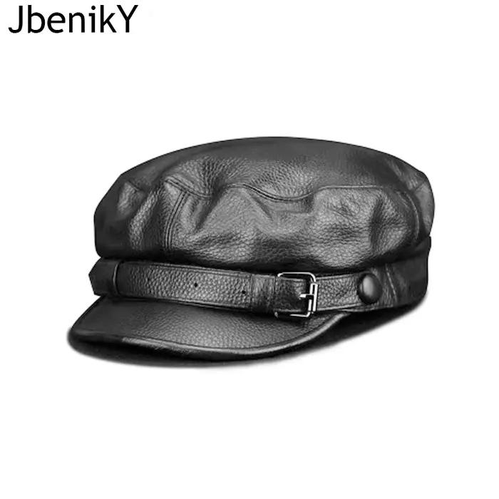 Mode femmes hommes véritable peau de vache militaire chapeau marin chapeaux noir dames béret casquettes plat haut