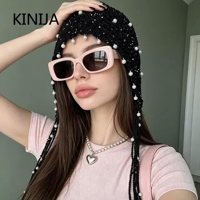 Bonnet tricoté ajouré à paillettes style Ins pour femme