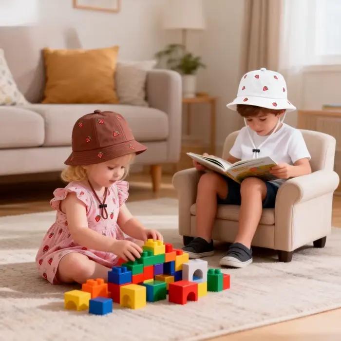Chapeau de pêcheur pour fille avec broderie fraise 48-50cm