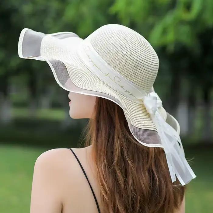 Nouveau chapeau de paille de plage pour les femmes en été Style coréen grand bord Protection solaire