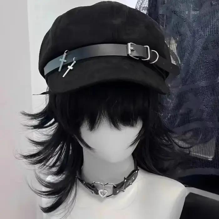 Béret en cuir noir rétro pour femmes