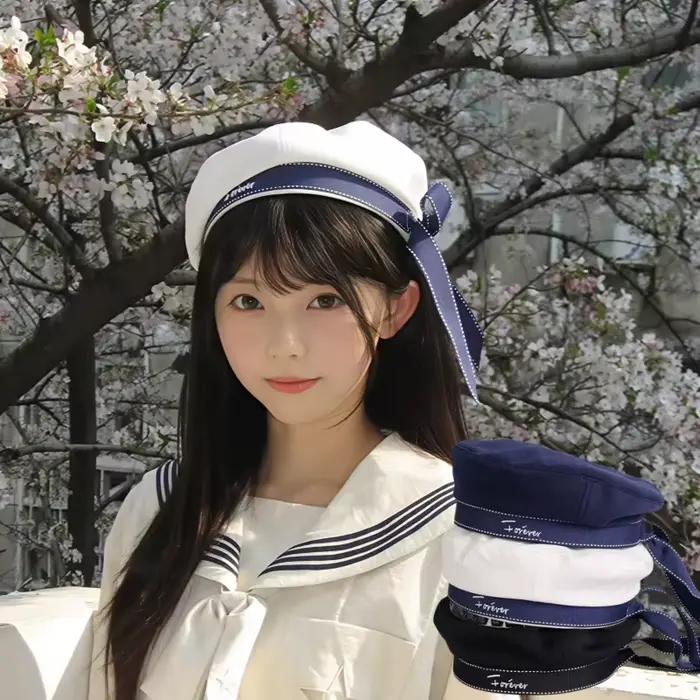 Chapeau de marin coréen style doux avec broderie de lettres
