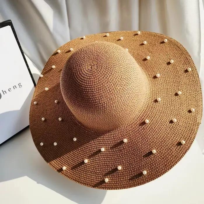 Chapeau de paille perlé fait main pour femme