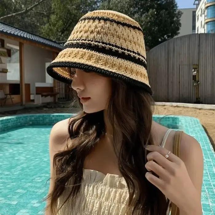 Chapeau Bob Tricoté Coloré Décontracté Style Coréen Respirant Anti-UV pour l'Été