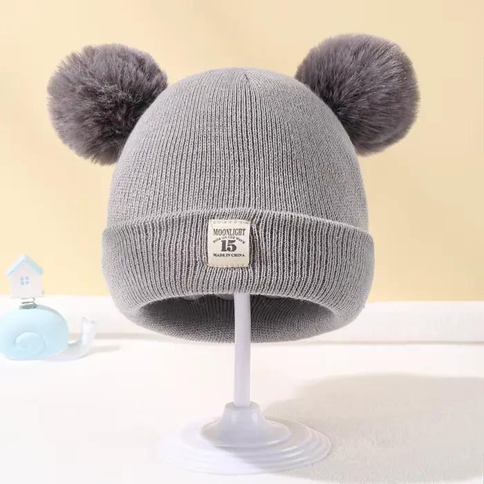 Chapeau tricoté mignon pour bébés unisexe automne hiver couleur unie bérets pompons accessoire enfant occasionnels