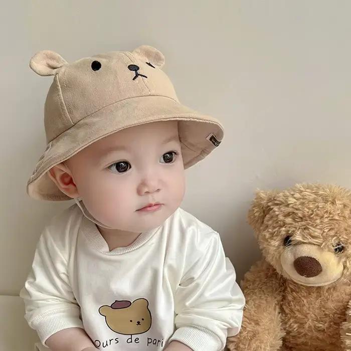 Chapeau d'ours mignon en coton pour enfants de 1 à 3 ans chapeau de pêcheur style dessin animé pour garçons filles occassions extérieures été soleil protection soleil