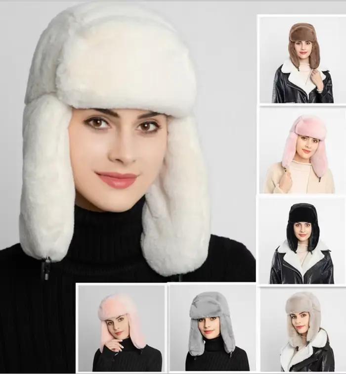 Chapeau pour femmes en fausse fourrure d'hiver avec rabat pour les oreilles