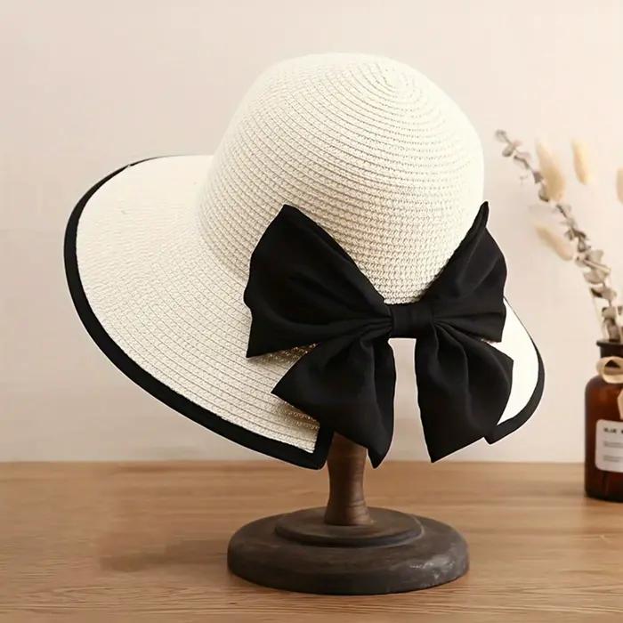 Chapeau de paille à large bord pour femmes avec nœud papillon