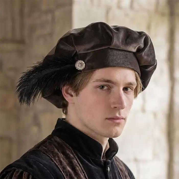 Béret Tudor en polyester pour costumes médiévaux et reconstitution historique homme Renaissance Elizabethaine casquette de minstre de la cour occasions spéciales